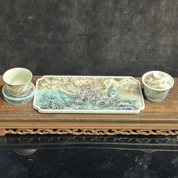 Jingdezhen Ceramic Famille Rose Porcelain "Adding Wings to a Tiger" Tea Tray and Tea Set, Chinese Style High-End Tea Set for Home Use and Gift Giving
