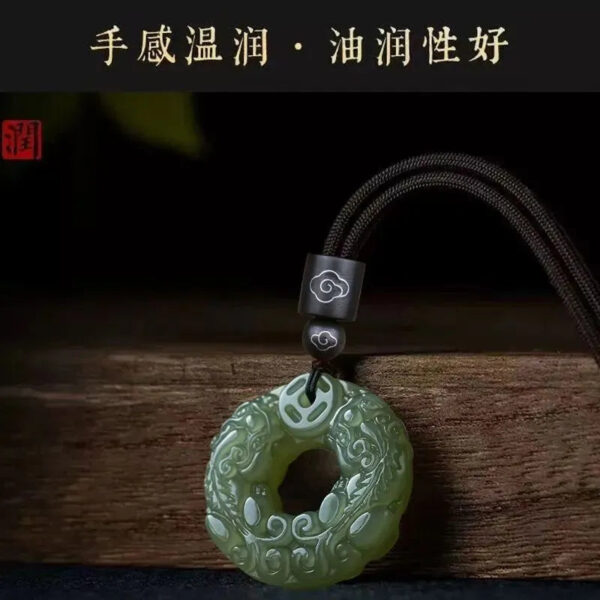 Double-Sided Jade Pixiu Pendant Wealth & Peace Buckle Necklace Unisex Vintage Long Pendant Couple Necklace with Adjustable Elastic Rope