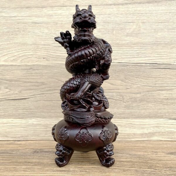 The Ebony Wood Carving Dragon Coiling around the Chinese Dragon Head and Censer Ornament with Treasure Basin, a Wooden Decoration for the Living Room.
