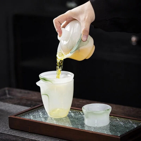 Colored glaze jade porcelain tea set, Gongfu style, high-end, for home use, white jade glazed covered bowl, tea cups, tea pots, office gift box