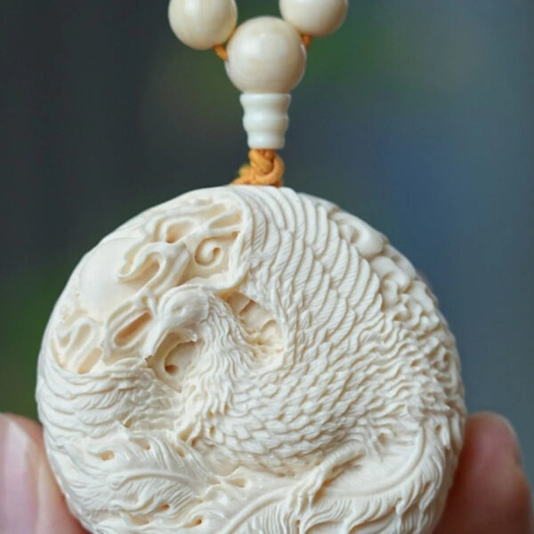 Hand - carved Double - sided Mammoth Ivory Pendant with Dragon and Phoenix Patterns. It can be used as a hanging ornament, a necklace pendant, a Buddhist bead pendant, or a trendy sweater chain.