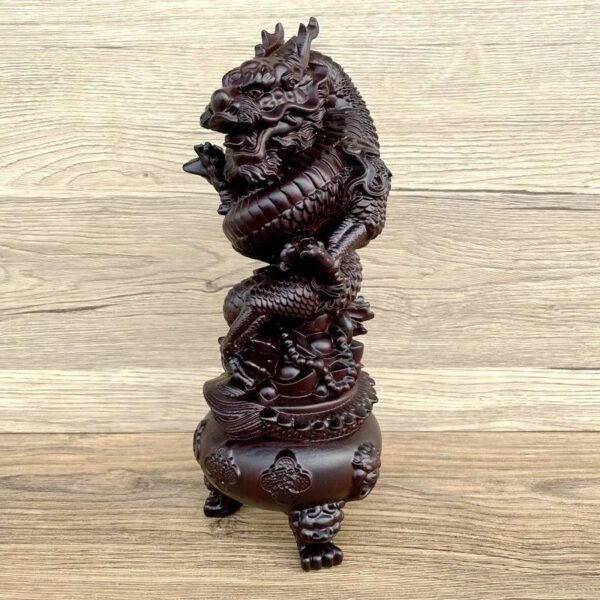 The Ebony Wood Carving Dragon Coiling around the Chinese Dragon Head and Censer Ornament with Treasure Basin, a Wooden Decoration for the Living Room.