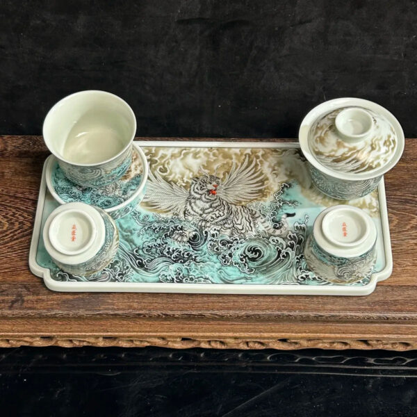 Jingdezhen Ceramic Famille Rose Porcelain "Adding Wings to a Tiger" Tea Tray and Tea Set, Chinese Style High-End Tea Set for Home Use and Gift Giving