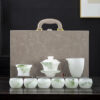 Colored glaze jade porcelain tea set, Gongfu style, high-end, for home use, white jade glazed covered bowl, tea cups, tea pots, office gift box