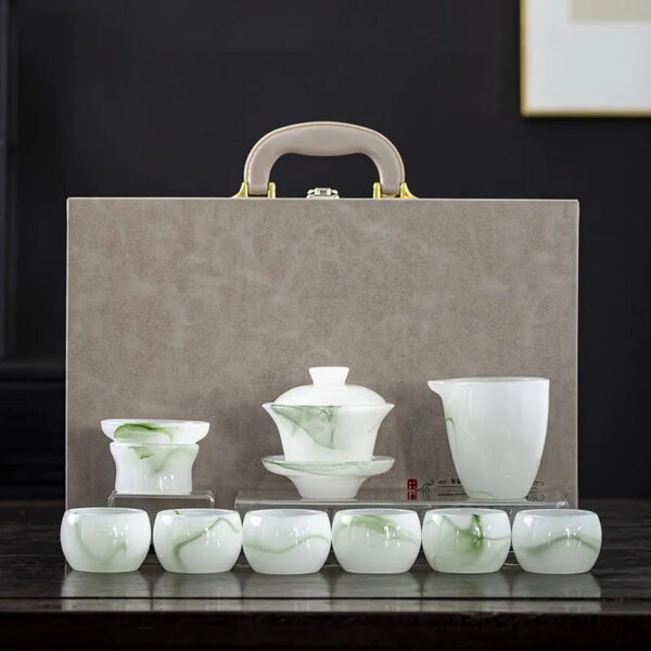 Colored glaze jade porcelain tea set, Gongfu style, high-end, for home use, white jade glazed covered bowl, tea cups, tea pots, office gift box