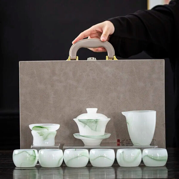 Colored glaze jade porcelain tea set, Gongfu style, high-end, for home use, white jade glazed covered bowl, tea cups, tea pots, office gift box