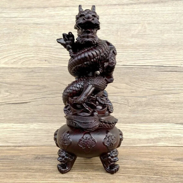 The Ebony Wood Carving Dragon Coiling around the Chinese Dragon Head and Censer Ornament with Treasure Basin, a Wooden Decoration for the Living Room.