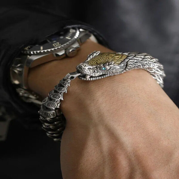 Vintage Medusa Zodiac Snake Pure Silver Bracelet for Men - 3D Snake Design Bangle, Trendy, Bold, and High-End Style for Men