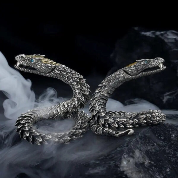 Vintage Medusa Zodiac Snake Pure Silver Bracelet for Men - 3D Snake Design Bangle, Trendy, Bold, and High-End Style for Men