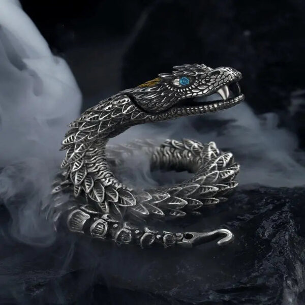 Vintage Medusa Zodiac Snake Pure Silver Bracelet for Men - 3D Snake Design Bangle, Trendy, Bold, and High-End Style for Men