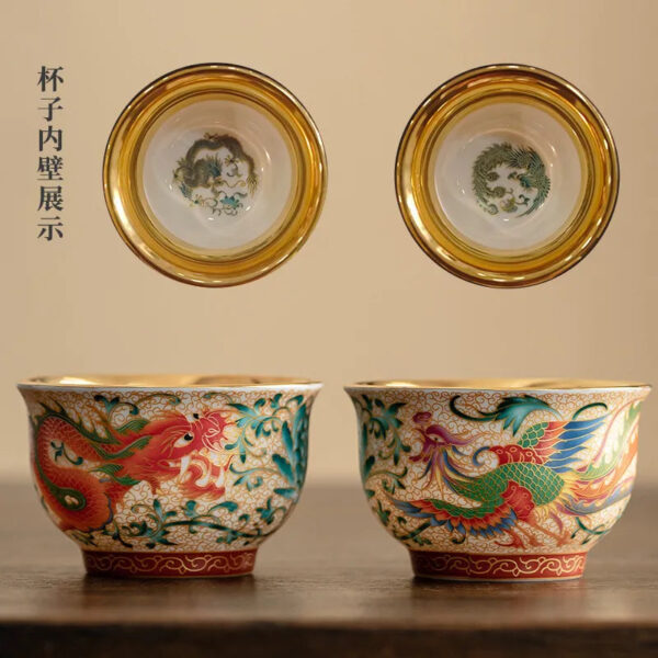 Cultural and Creative Enamel Gilded Tea Cups - Premium Dragon & Phoenix Pair, Ceramic Master Cups, Gift Box Set