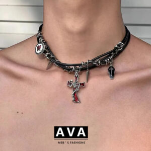 9b348318-be99-41b7-9e5c-5fe595702b3c.jpg AVA's original irregular cross - shaped dark - colored rivet multi - layer winding necklace. It features a niche design and belongs to the sub - cultural Y2K
