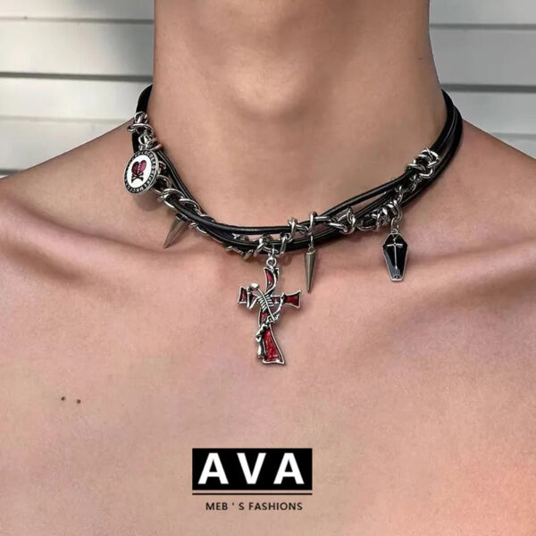 AVA's original irregular cross - shaped dark - colored rivet multi - layer winding necklace. It features a niche design and belongs to the sub - cultural Y2K