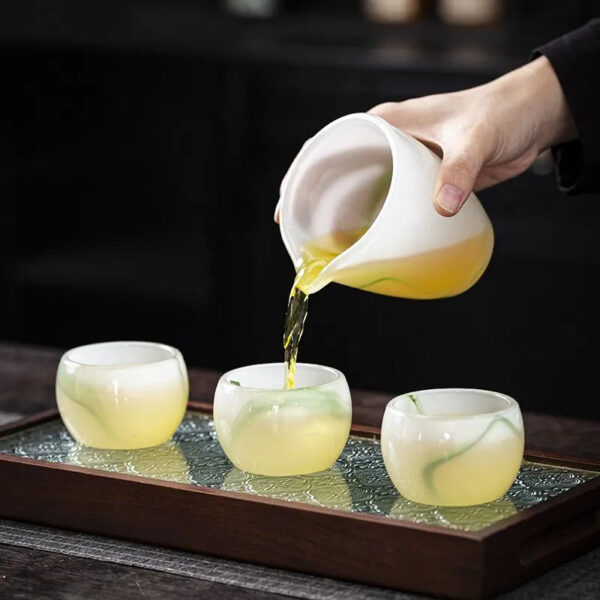 Colored glaze jade porcelain tea set, Gongfu style, high-end, for home use, white jade glazed covered bowl, tea cups, tea pots, office gift box