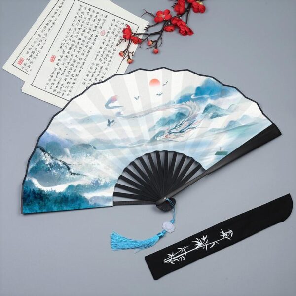 Chinese-style folding fan for men - silk fabric, ink wash painting, Hanfu costume, bamboo portable summer fan
