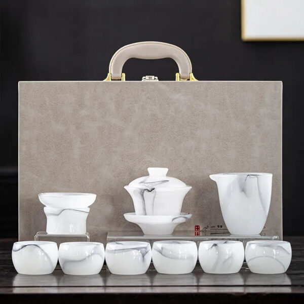 Colored glaze jade porcelain tea set, Gongfu style, high-end, for home use, white jade glazed covered bowl, tea cups, tea pots, office gift box