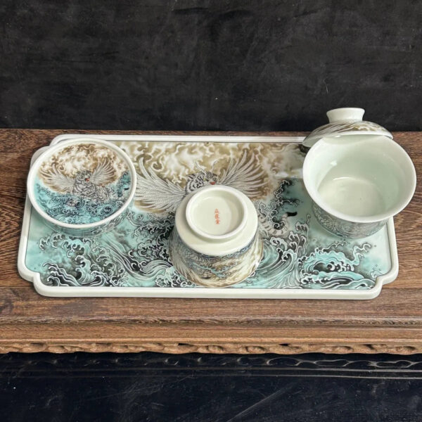 Jingdezhen Ceramic Famille Rose Porcelain "Adding Wings to a Tiger" Tea Tray and Tea Set, Chinese Style High-End Tea Set for Home Use and Gift Giving