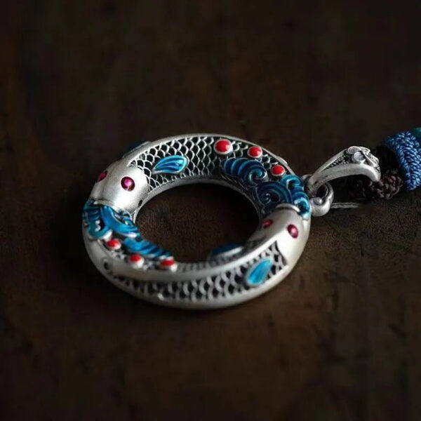 S925 Sterling Silver Cloisonné Koi Fish Peace Buckle Pendant Necklace - Retro Chinese Guochao Style, Lucky Attracting Jewelry Gift for Women