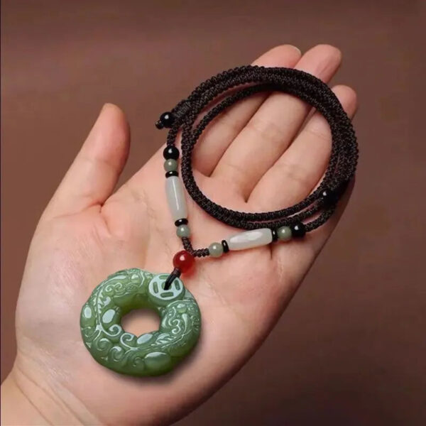 Double-Sided Jade Pixiu Pendant Wealth & Peace Buckle Necklace Unisex Vintage Long Pendant Couple Necklace with Adjustable Elastic Rope