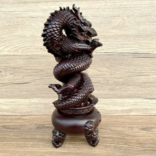 The Ebony Wood Carving Dragon Coiling around the Chinese Dragon Head and Censer Ornament with Treasure Basin, a Wooden Decoration for the Living Room.