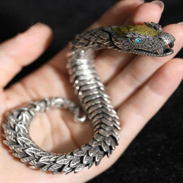 Vintage Medusa Zodiac Snake Pure Silver Bracelet for Men - 3D Snake Design Bangle, Trendy, Bold, and High-End Style for Men